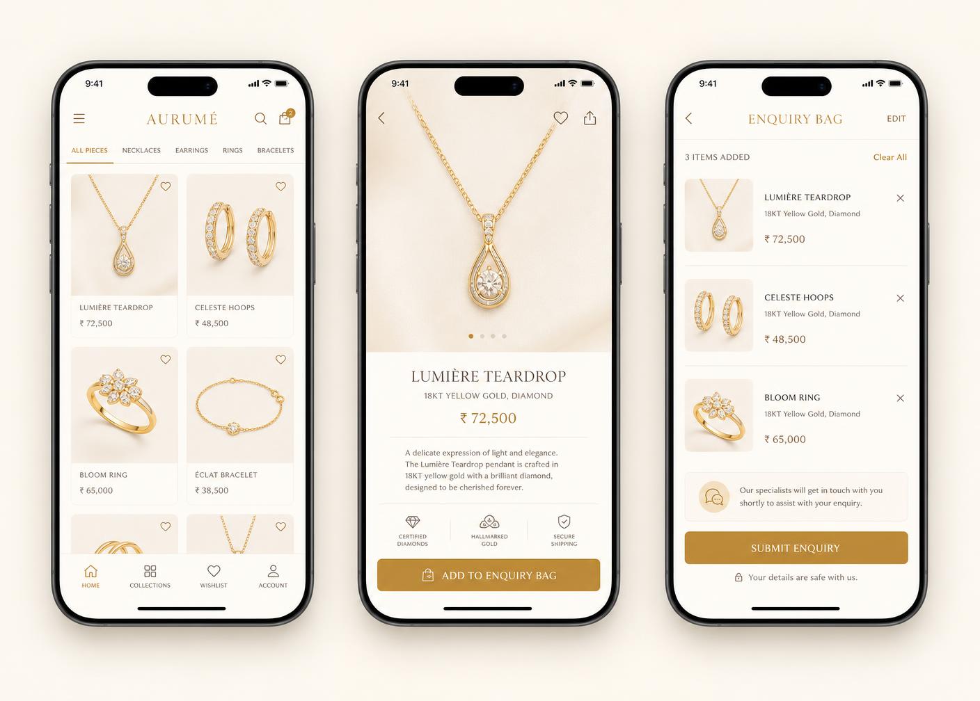 Three mobile screens of the Nooré Jewellery demo: product grid, product detail page and enquiry bag